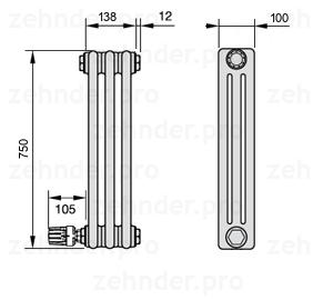 Схема (чертеж) Радиатор Zehnder Charleston 3075/3 №V004 Белый глянцевый RAL 9016